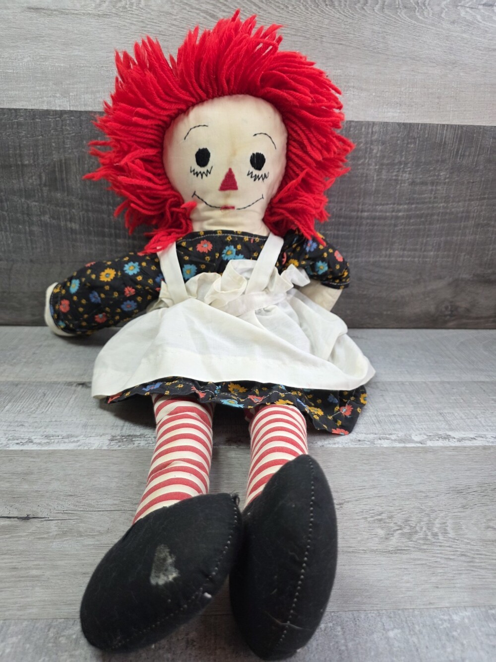 Raggedy Ann Vintage 25" Plush Stuffed Doll Dress Apron Yarn Hair b29